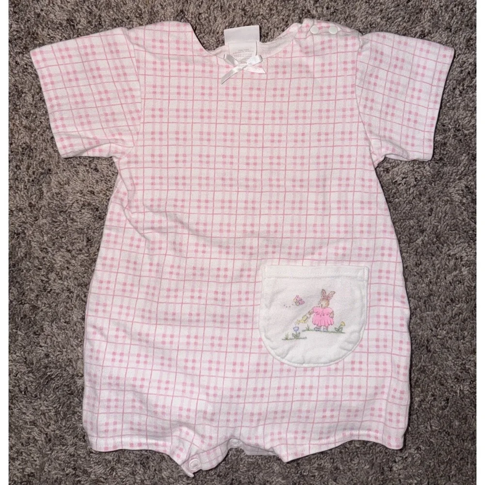 Vintage Carter's Baby Romper 9-12M‎ Pink Plaid Bunny On Pocket USA Made